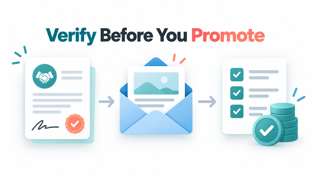 Agreement, audience, and payout checklist connected in a simple Verify Before You Promote workflow