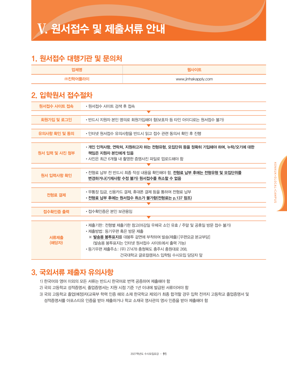 건국대 글로컬 2027 수시모집요강의 접수확인증 본인 보관과 별도 서류 제출 안내