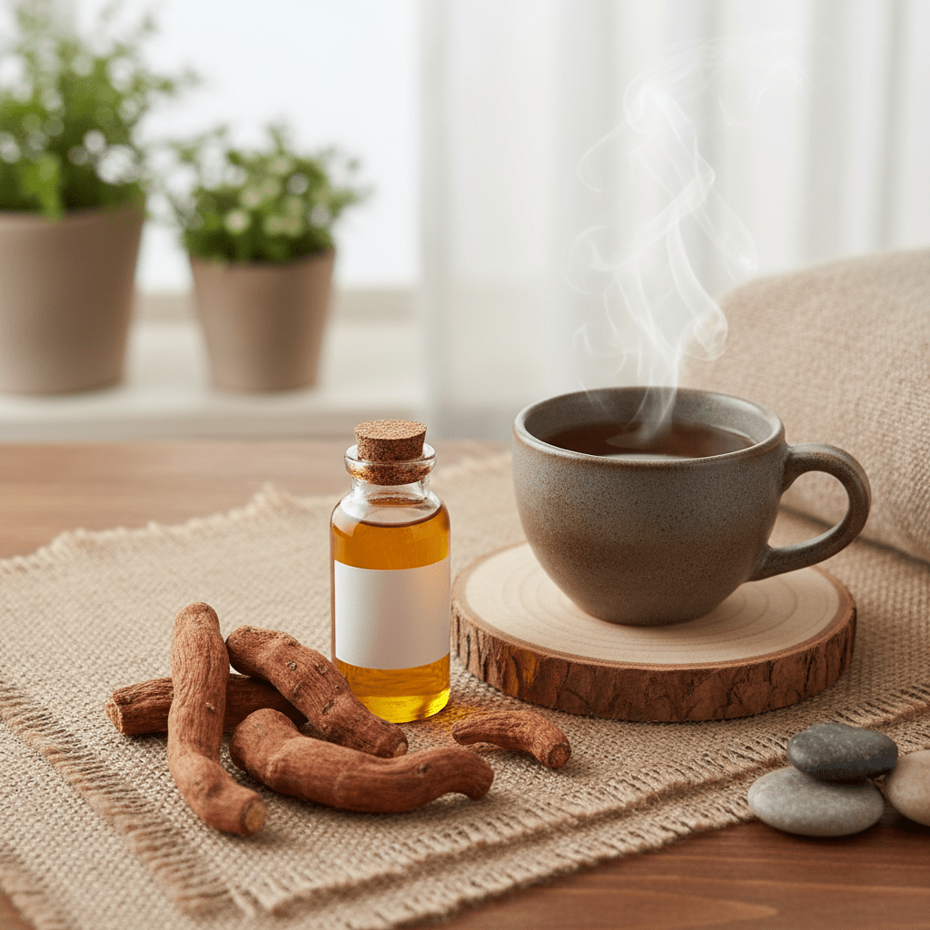 Ashwagandha roots and herbal oil in a serene wellness scene