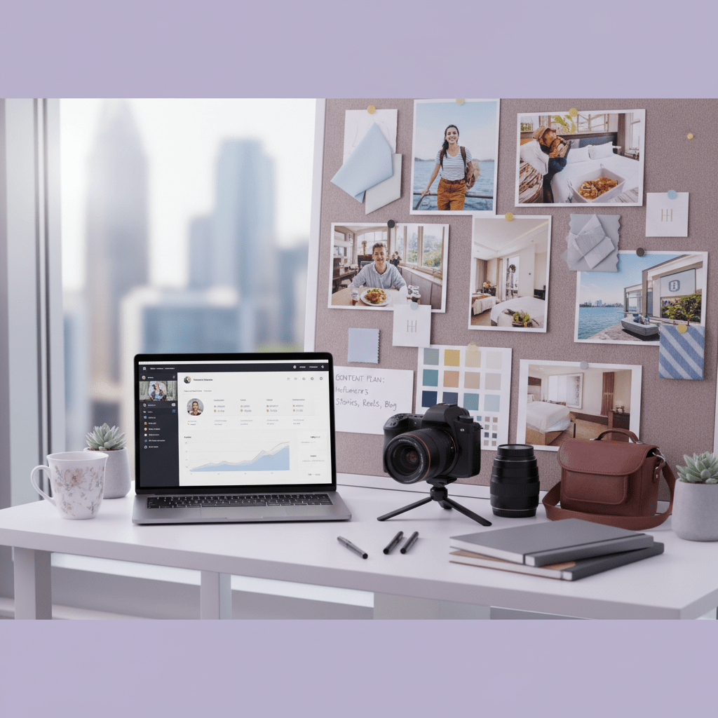 Hotel marketing strategy workspace with social media analytics, camera, and branded mood board