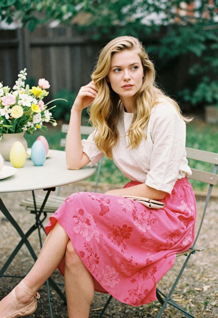 Fuchsia floral chiffon skirt with crisp ivory top for Easter Sunday garden party