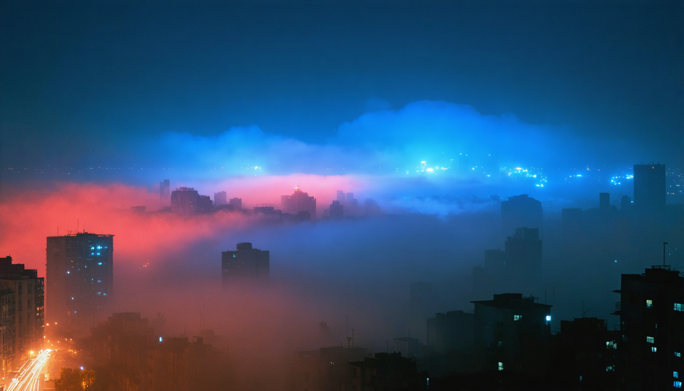 Fog diffusing red and blue light across a night sky above a city skyline, with no visible source for the color.