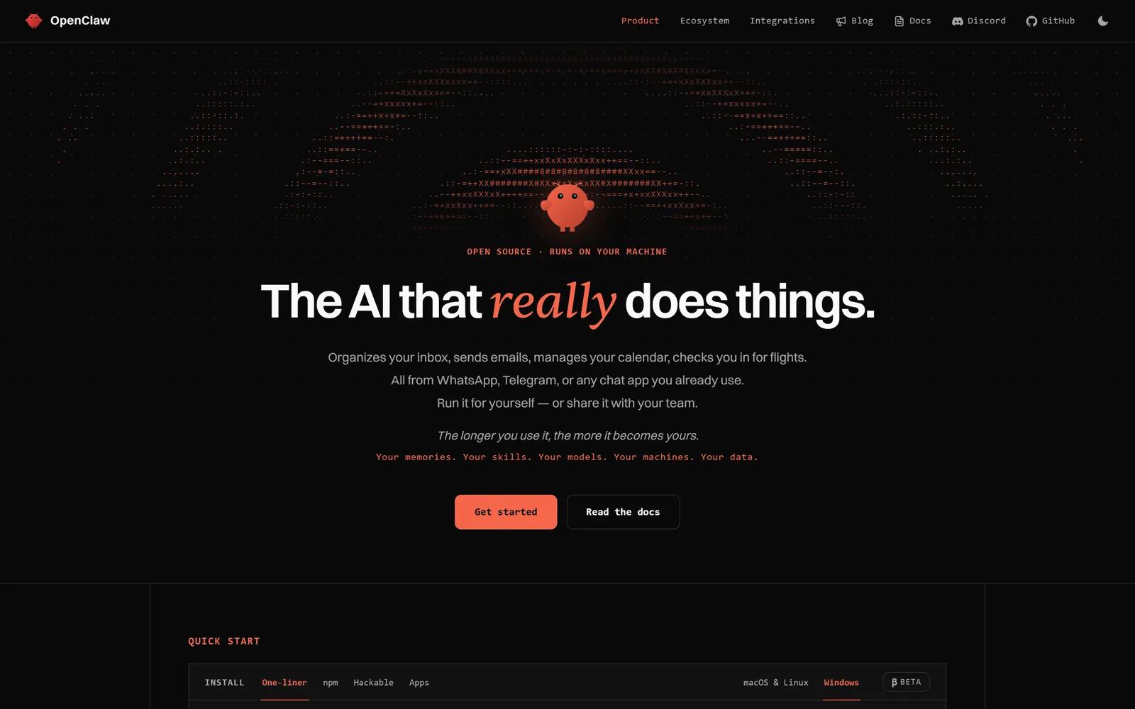 OpenClaw 官網首頁截圖，紅色龍蝦吉祥物與標語 The AI that really does things，上方標示開源、跑在你自己的機器上