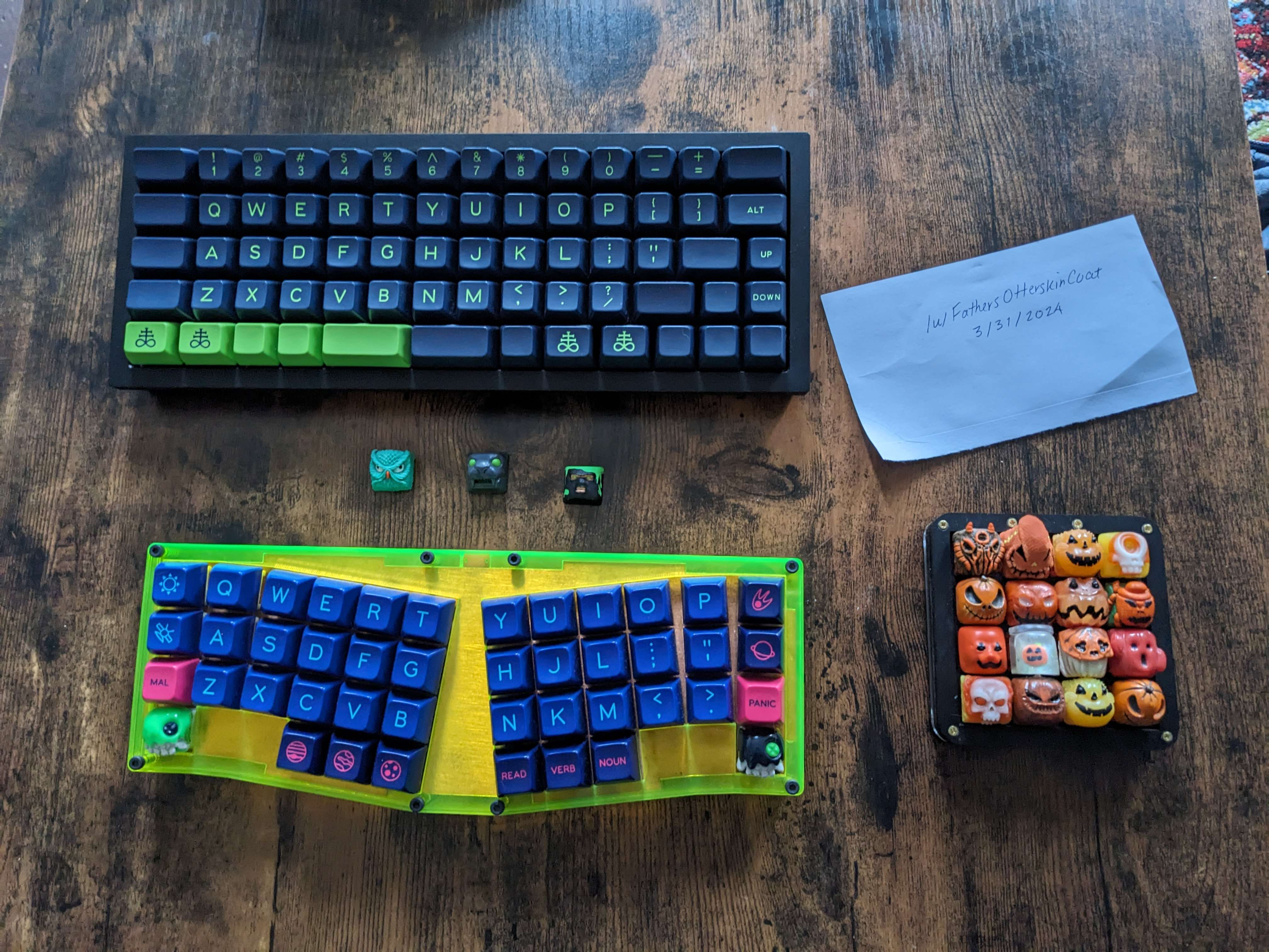 Custom Ortho Keyboards (Brutal 60, babyV), Artisans (Alpha Keycaps, YoungsterHarris, Jack-O-Lantern 16-Artisan Collection)
