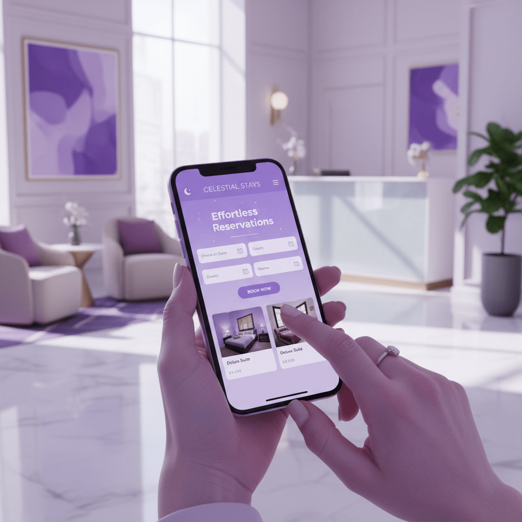 Hotel website shown on smartphone with fast mobile booking interface, clean responsive design, hands tapping screen in bright lobby