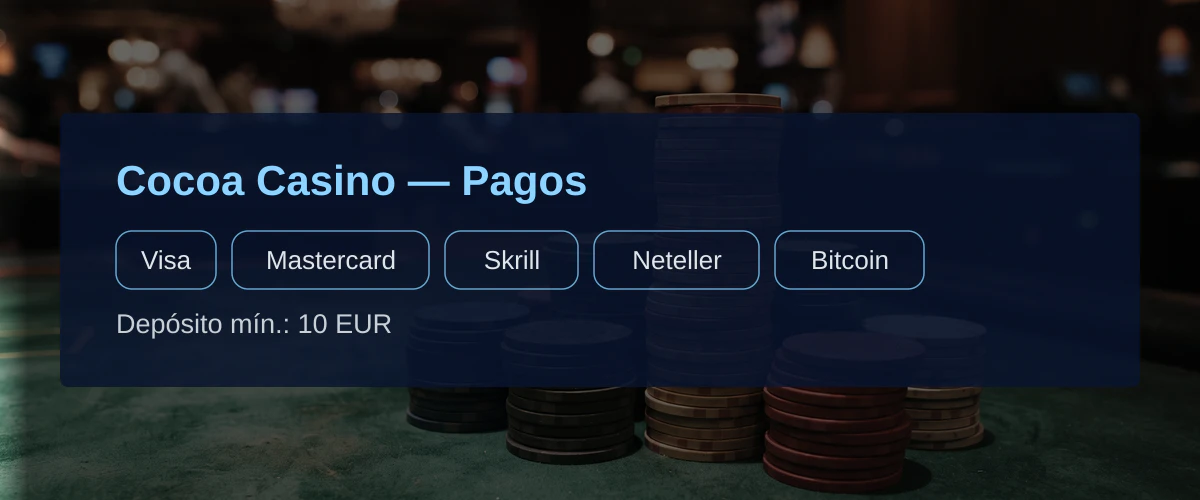 Cocoa Casino — Pagos: Visa, Mastercard, Skrill, Neteller, Bitcoin