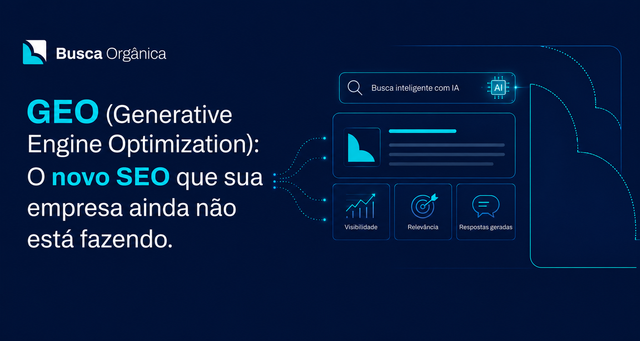 Ilustração do conceito de GEO (Generative Engine Optimization) com interface de busca por IA e ícones de visibilidade, referência e resposta gerada