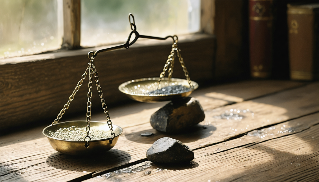 An antique brass scale tilts sharply, one pan holding a dense dark stone, the other empty but still bearing the residue of condensation.