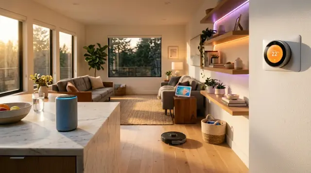 Modern living room with smart speaker, thermostat, robot vacuum, and ambient smart lighting at golden hour