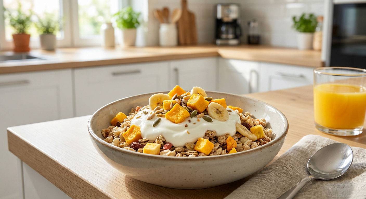 Miska musli z liofilizowanym mango i bananem.