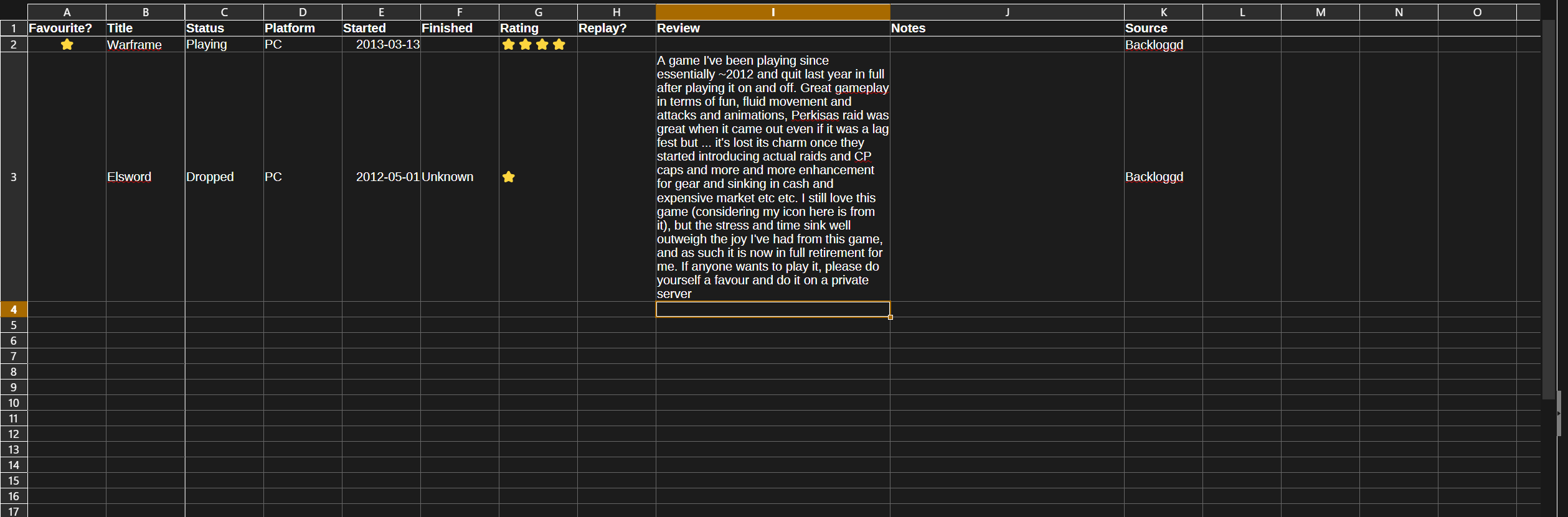 A small spreadsheet of games