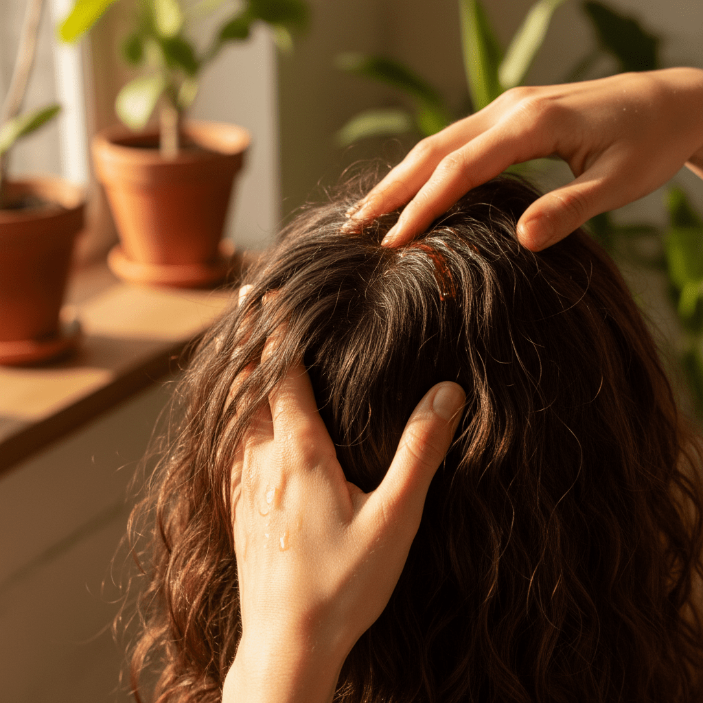 A woman gently massaging amla oil into her scalp