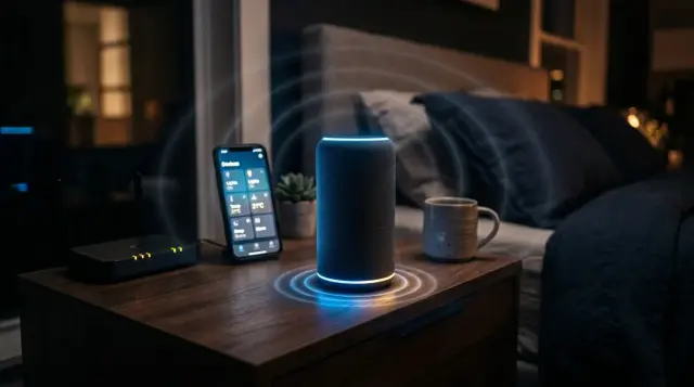 Smart speaker and connected devices glowing softly on a modern nightstand, moody ambient lighting