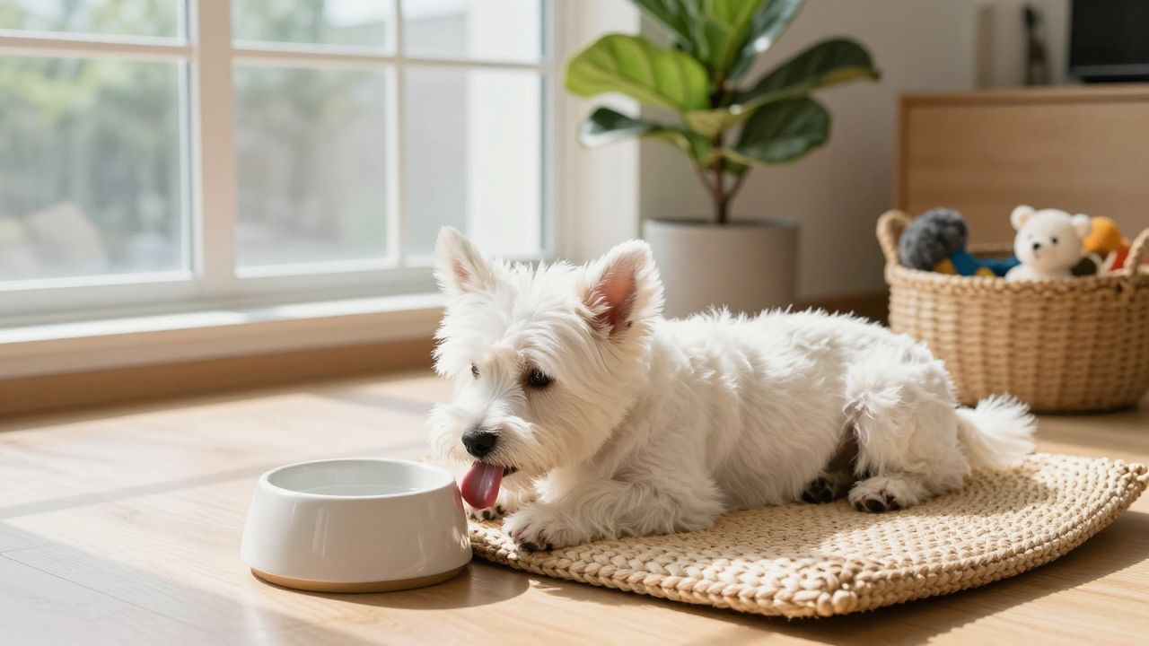햇살 비치는 거실의 베이지색 쿠션에 누워 앞발을 핥는 작은 흰 강아지와 주변 장난감 바구니, 화분