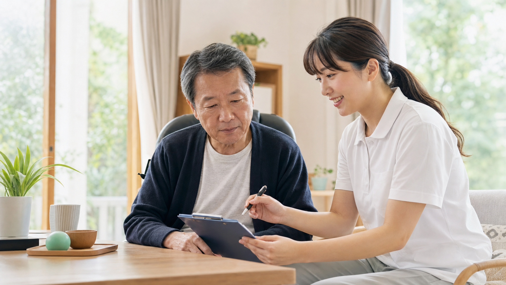 脳卒中後の気分の落ち込みについて生活リズムを相談する場面