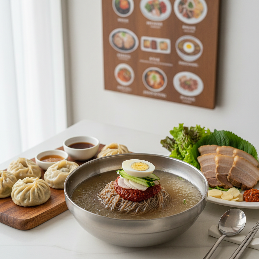 진미평양냉면 메뉴판 및 대표 메뉴인 물냉면과 제육 사진