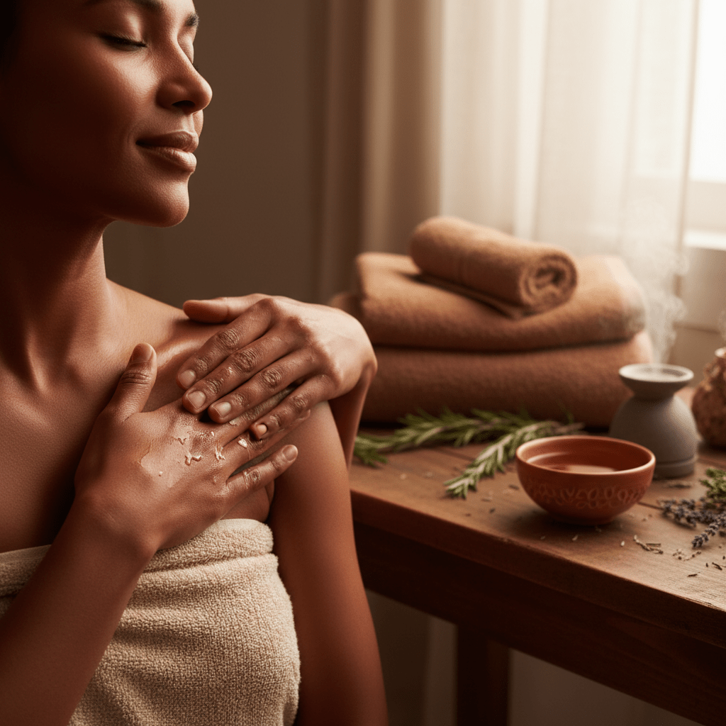 A serene self-massage ritual with herbal oil and warm earthy tones