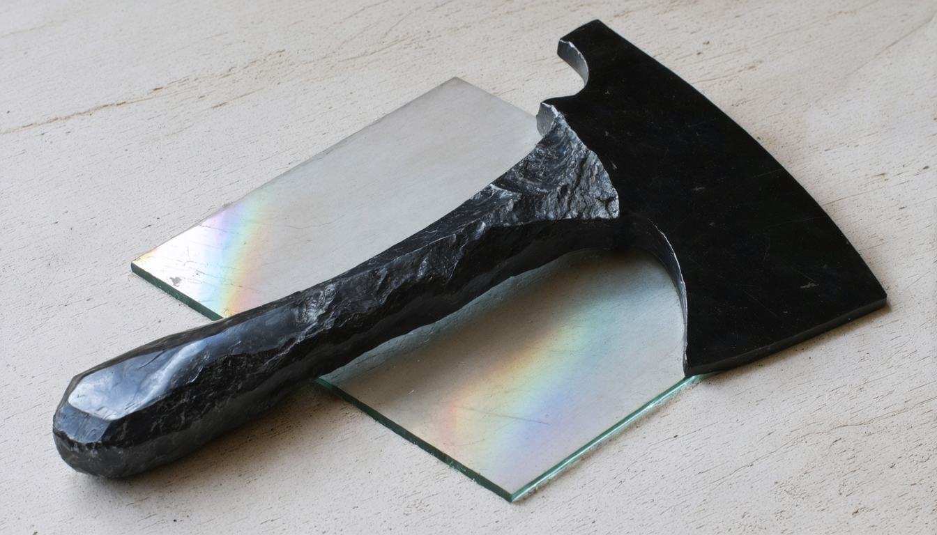 A polished obsidian hand-axe resting on a modern silicon wafer, both catching light differently.
