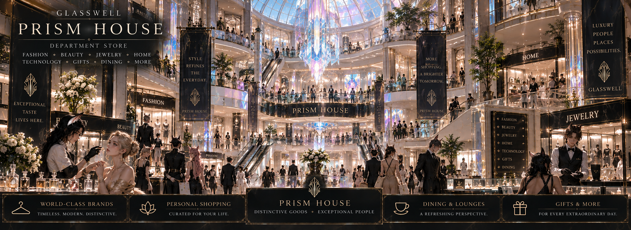 The multi-level interior atrium of Prism House department store.