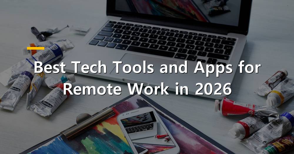Laptop and remote work setup with various tech tools and apps icons