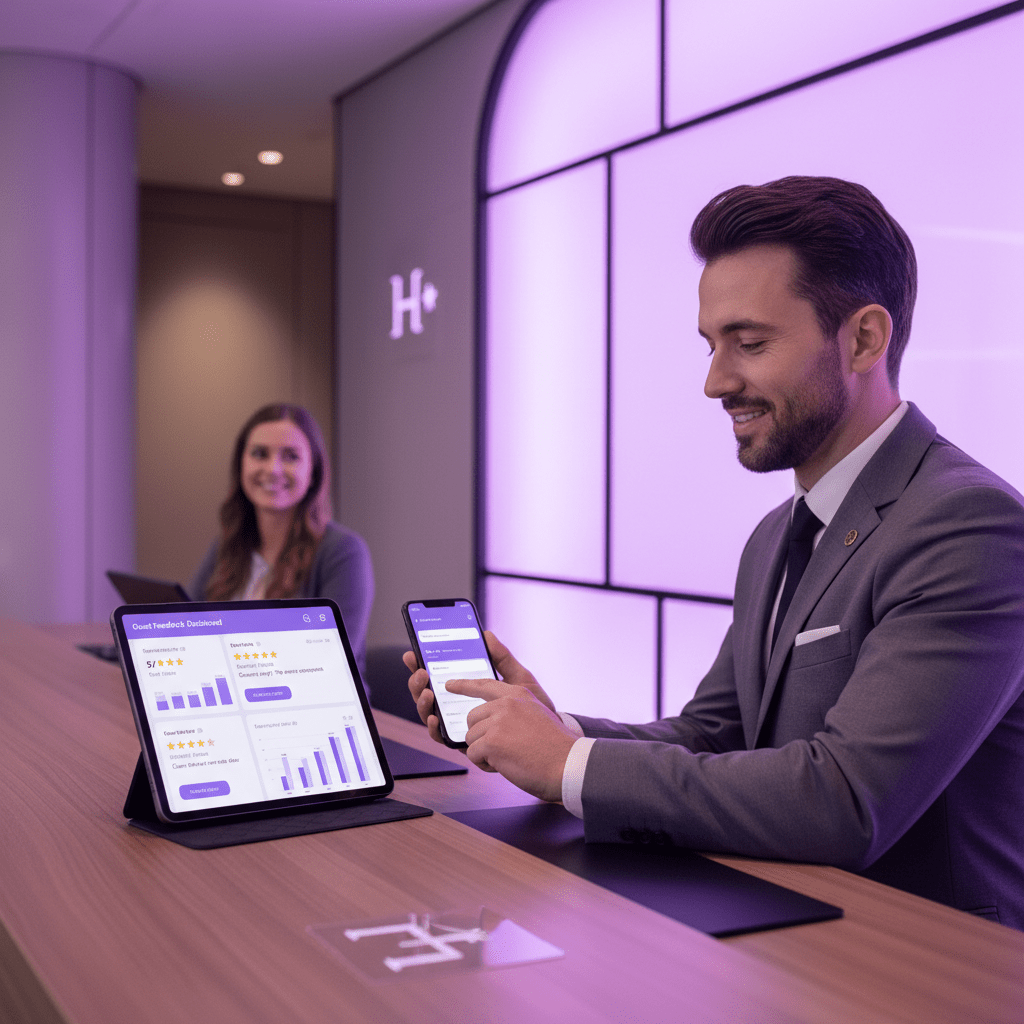 A hotel concierge calmly responding to guest reviews on a tablet and phone, showing review management and trust-building