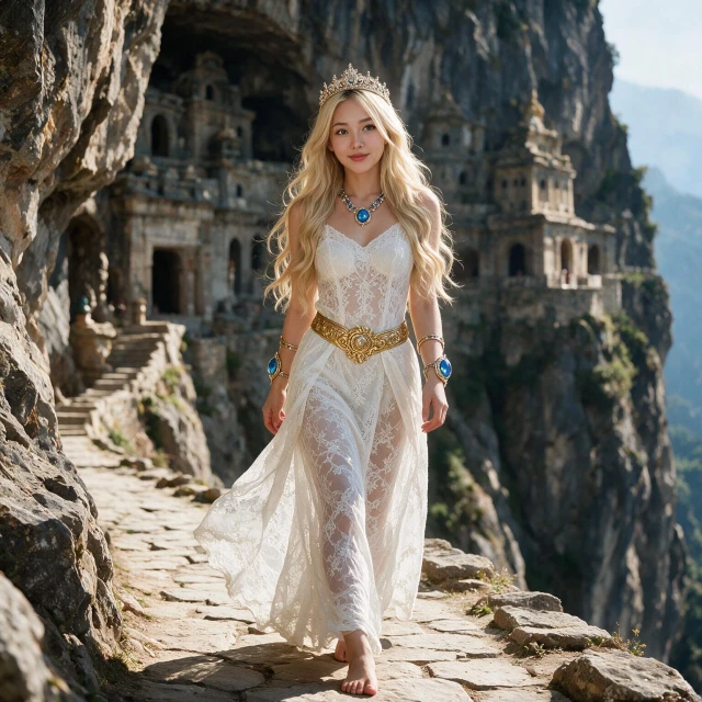 A girl with long flowing wavy hair, wearing a white very transparent lace skirt, ornate golden belt, jeweled crown, necklace and arm cuffs adorned with large blue gemstones, walking barefoot along a path, sensual smile, ancient cliff-side temple in the background, ultra-detailed.