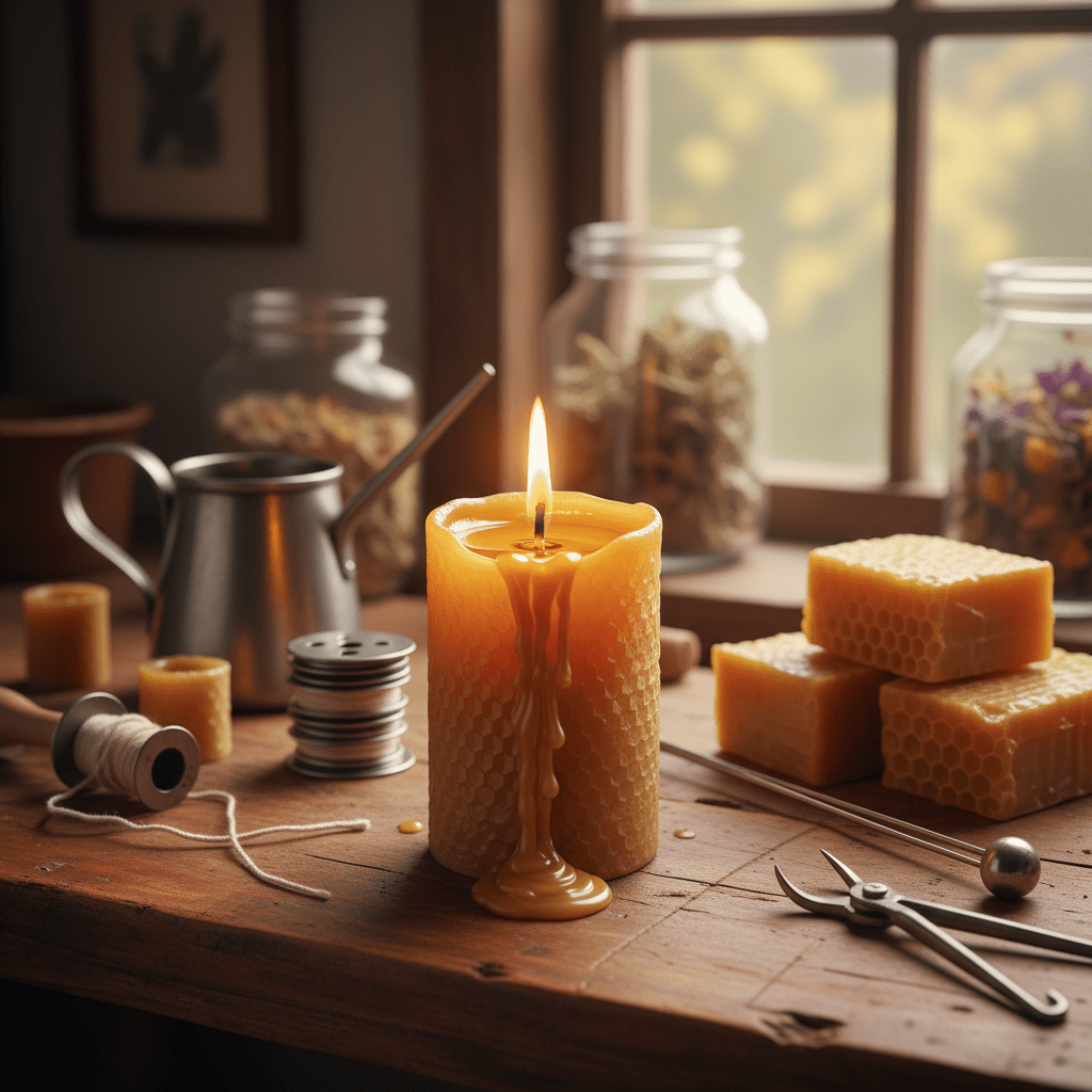 A beeswax candle burning cleanly beside candle-making tools
