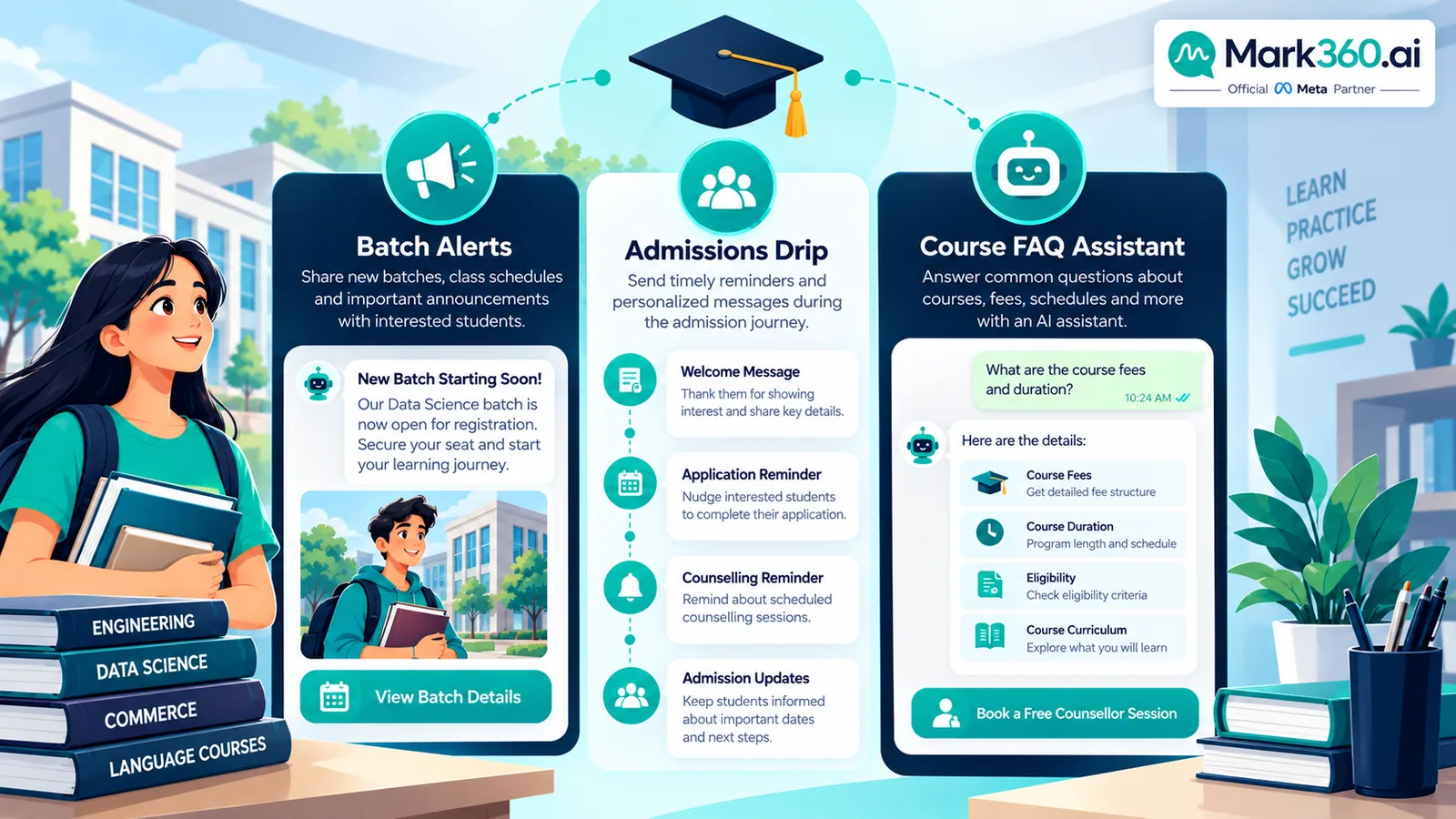 Education WhatsApp Business API overview: batch broadcast, admissions drip timeline, course FAQ chatbot