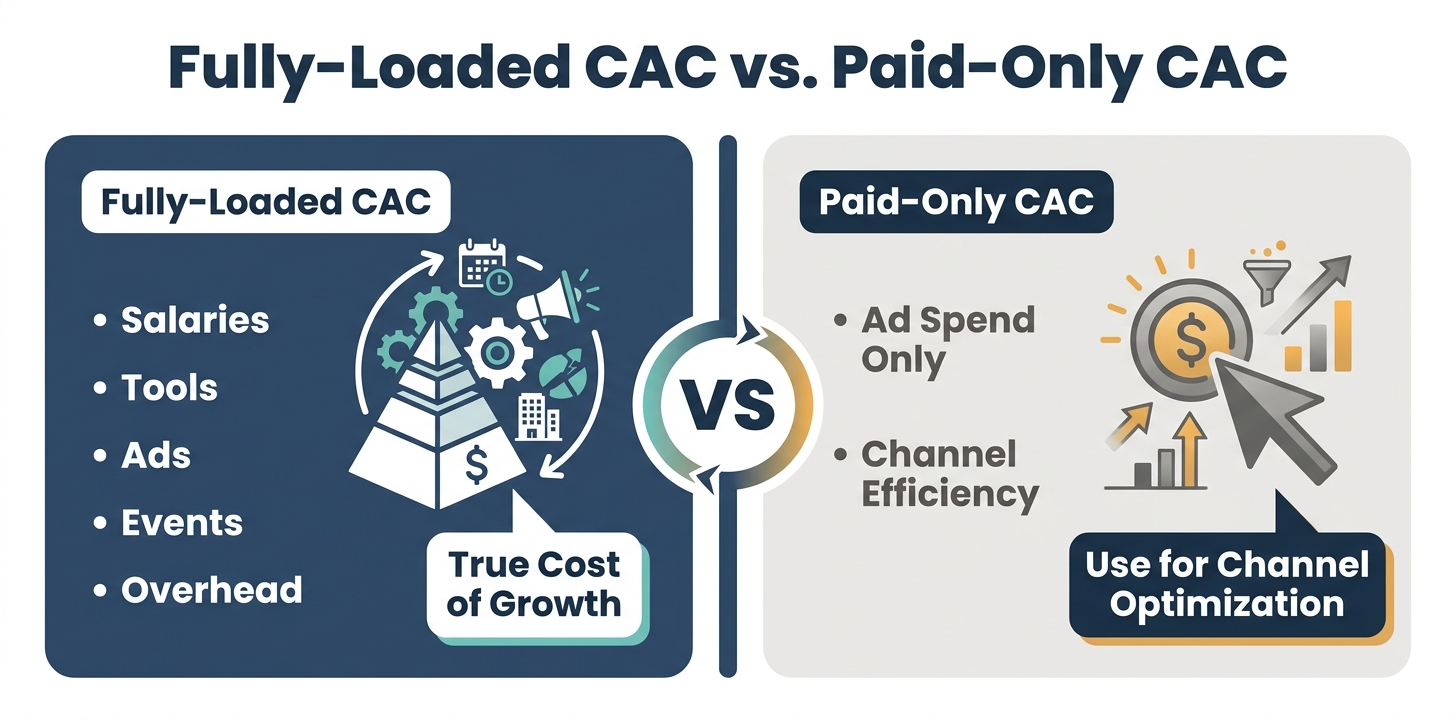 Side-by-side comparison infographic showing Fully-Loaded CAC versus Paid-Only CAC — what costs to include and when to use each calculation method