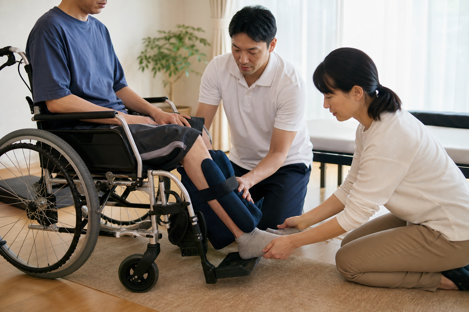 車椅子で下肢のポジショニングと装具を家族と確認する場面