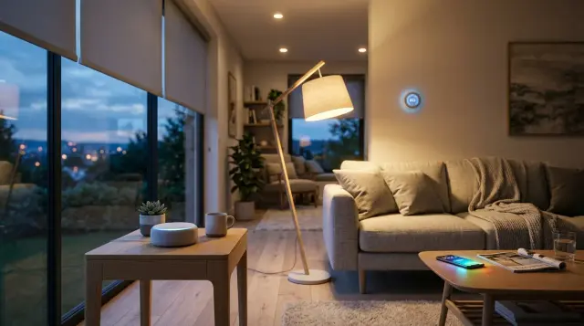 Modern living room with smart speaker, thermostat, and ambient lighting at twilight
