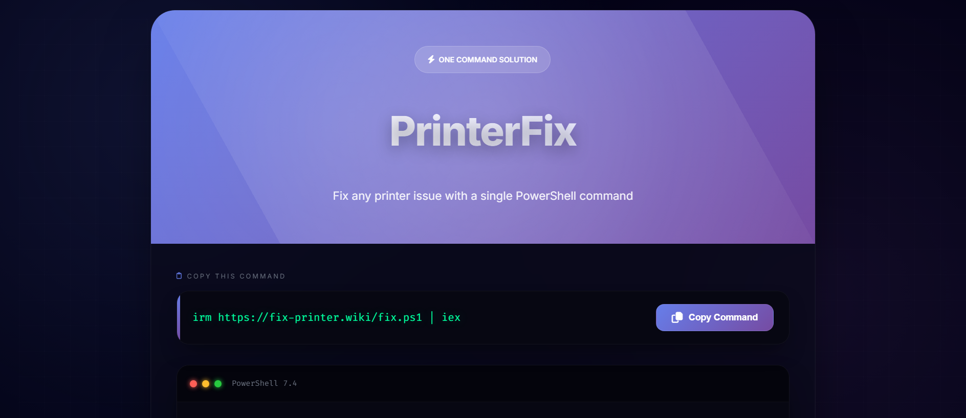 Forensic screenshot of fix-printer.wiki showing the phishing page layout