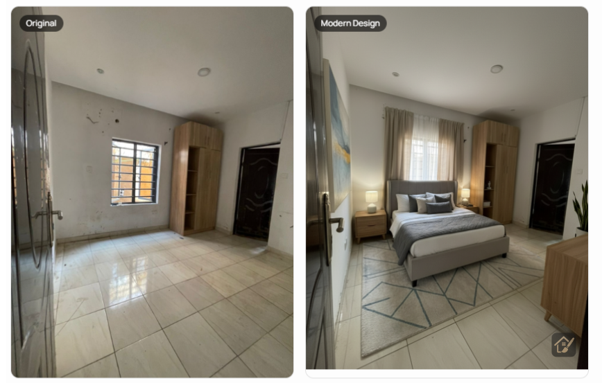 modern bedroom design before and after empty room to furnished AI transformation