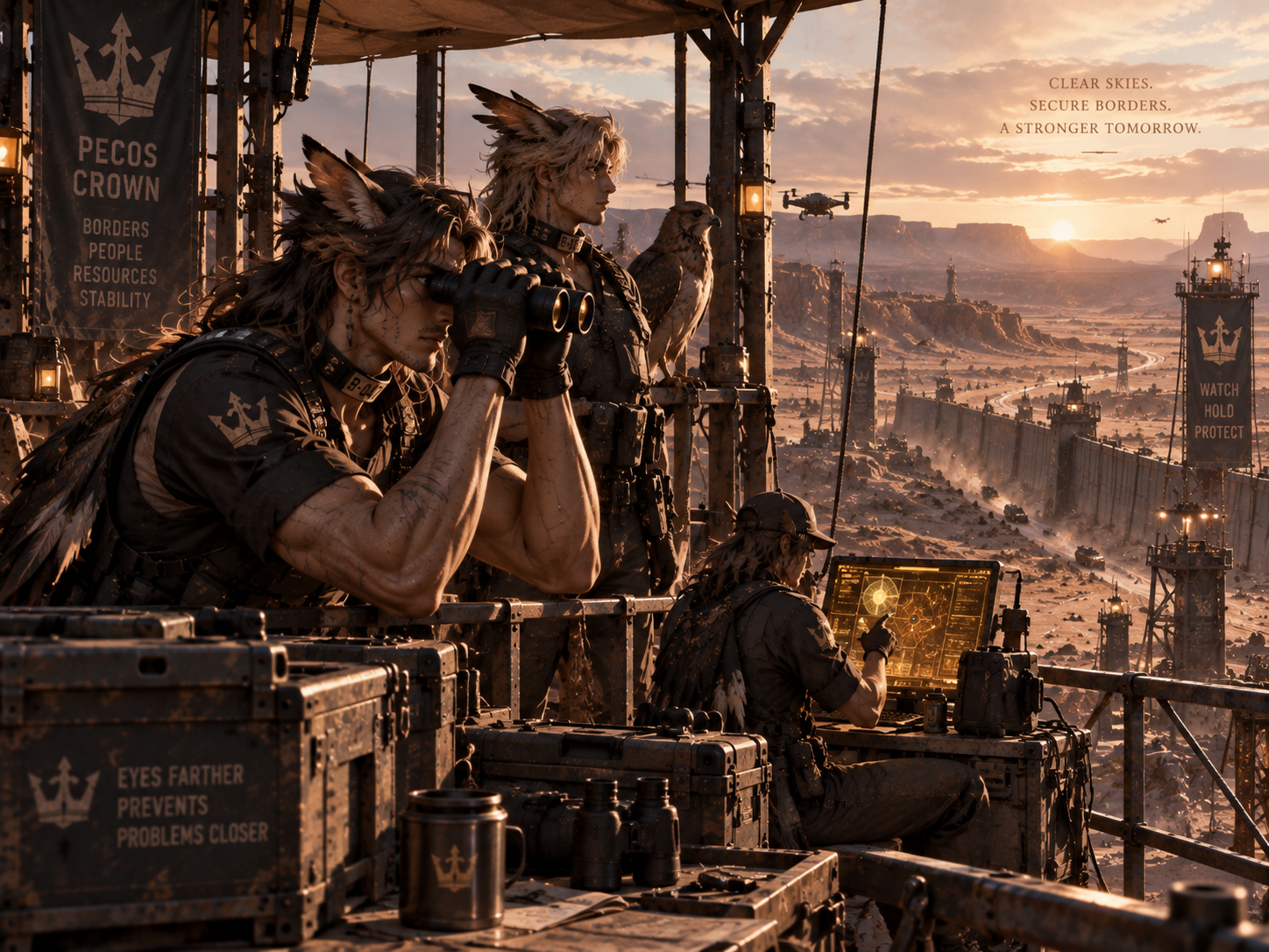 Avian demi-human workers performing surveillance and signal work in the Pecos Crown
