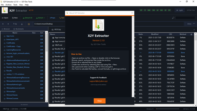 x2y Extractor v2.1.0 main interface showing the file browser with archive contents listed in a dual-pane layout, toolbar with extract and create actions, and archive properties panel