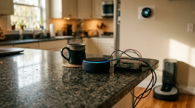 Smart voice assistant and Raspberry Pi on kitchen counter with warm morning light