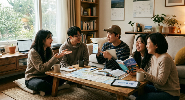 실내에서 여행 정보를 나누는 한국인들의 따뜻한 대화