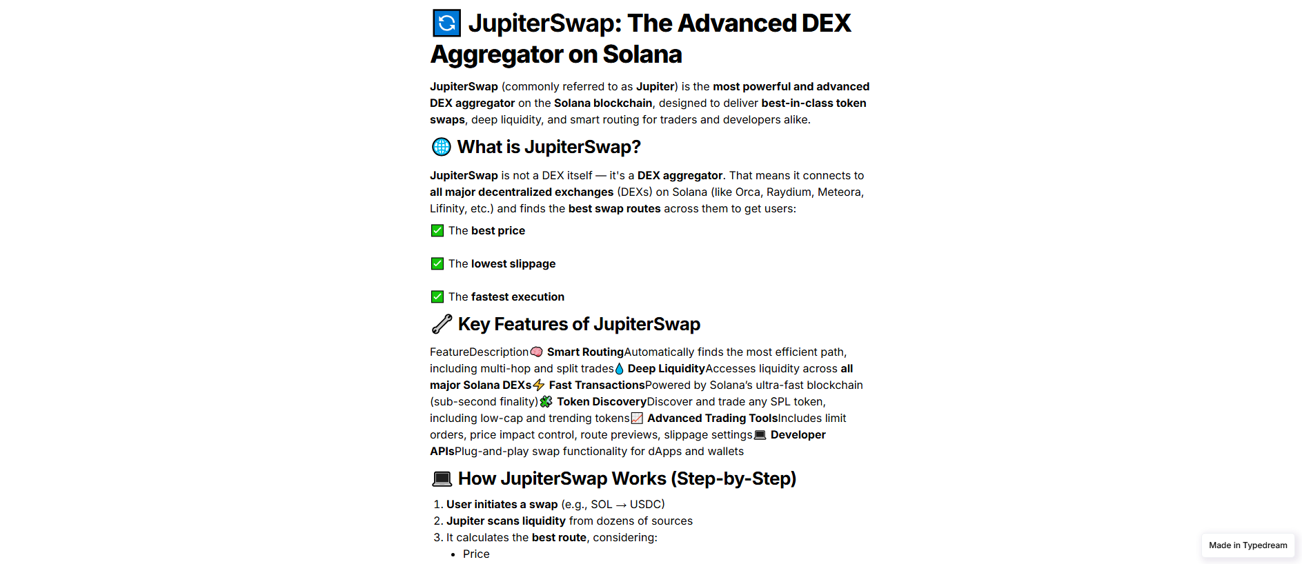 Forensic screenshot of jupiterswap-en-help.typedream.app showing the phishing page layout