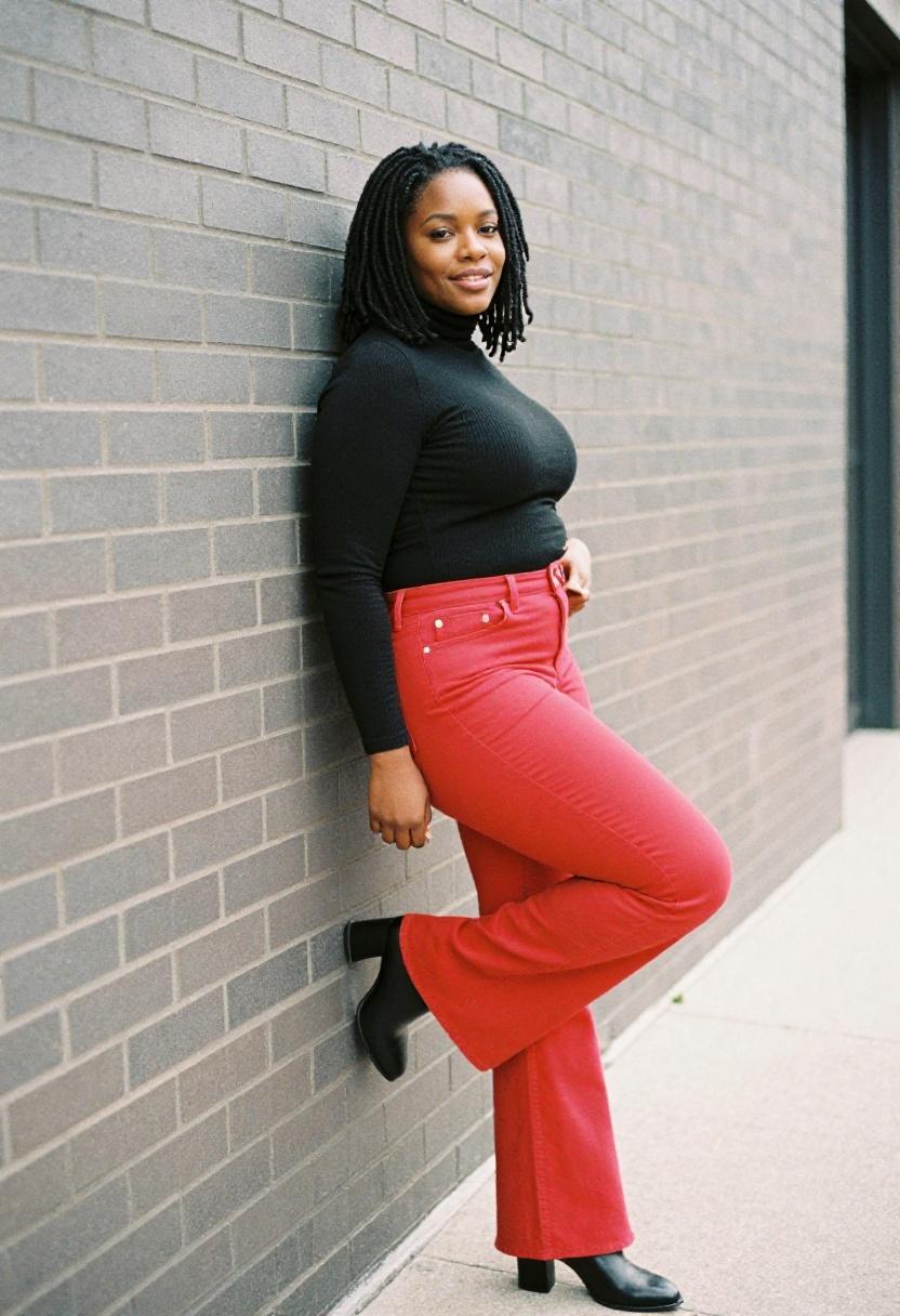 Curvy woman in cherry red flare jeans and black ribbed turtleneck delivering retro street style confidence