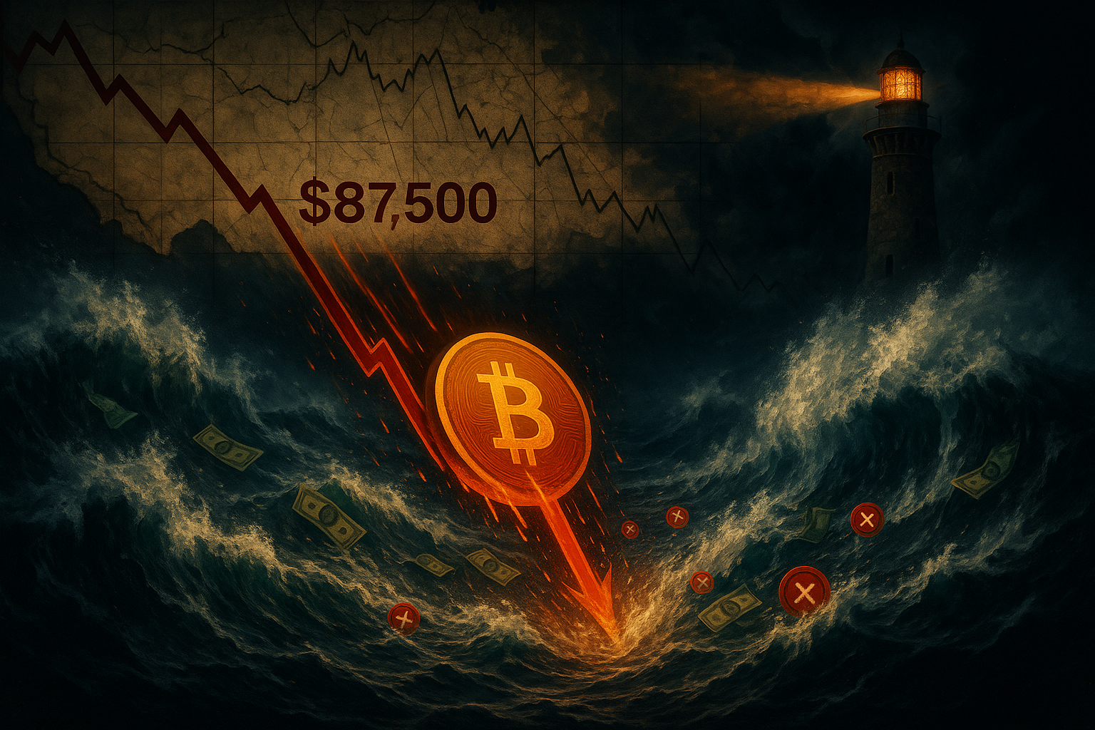 Bitcoin price chart showing sudden drop below $87,500 amid market volatility