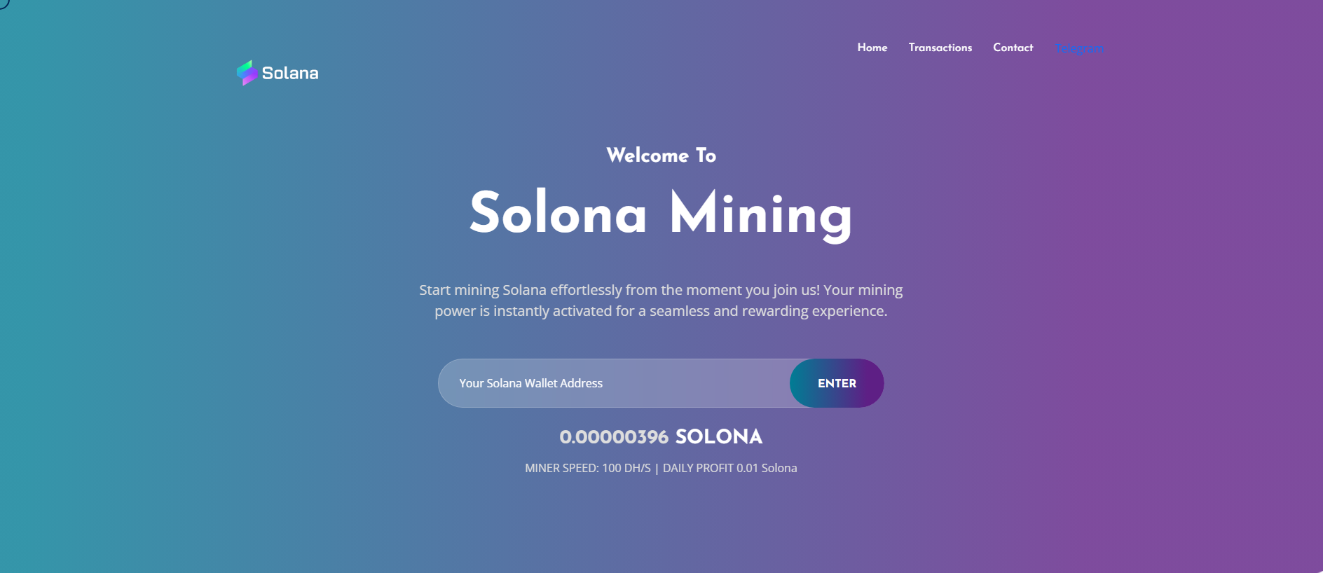 Forensic screenshot of solana-mining.cc showing the phishing page layout