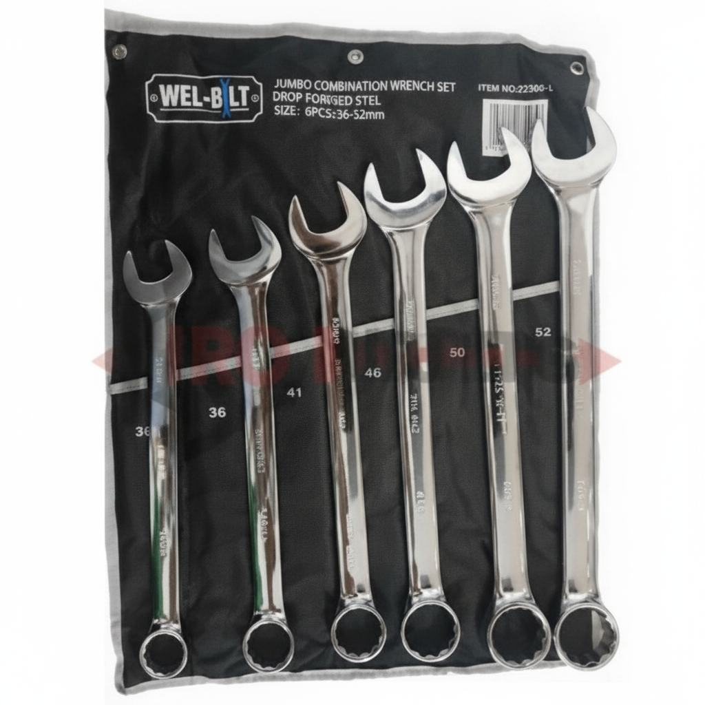Jumbo Metric Spanner Set, 6-Piece, Ring/Open End, Sizes 34-50mm