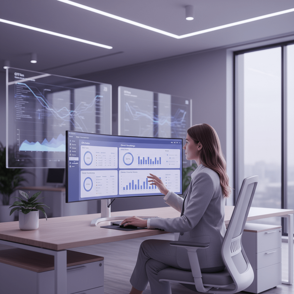 Hotel revenue manager reviewing OTA and direct booking rates on a sleek dashboard