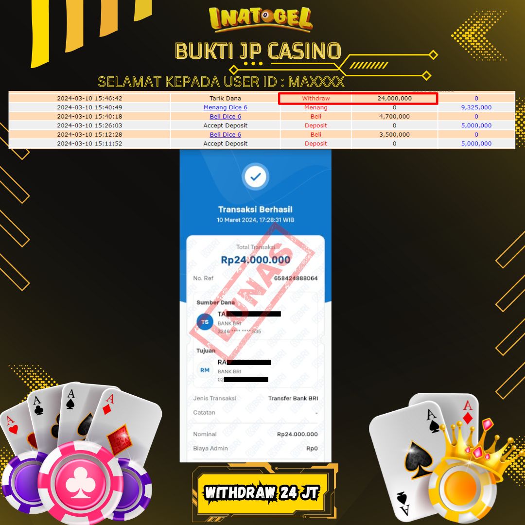 BUKTI PEMBAYARAN JP LIVE GAMES DICE 6 Rp24,000,000,- LUNAS