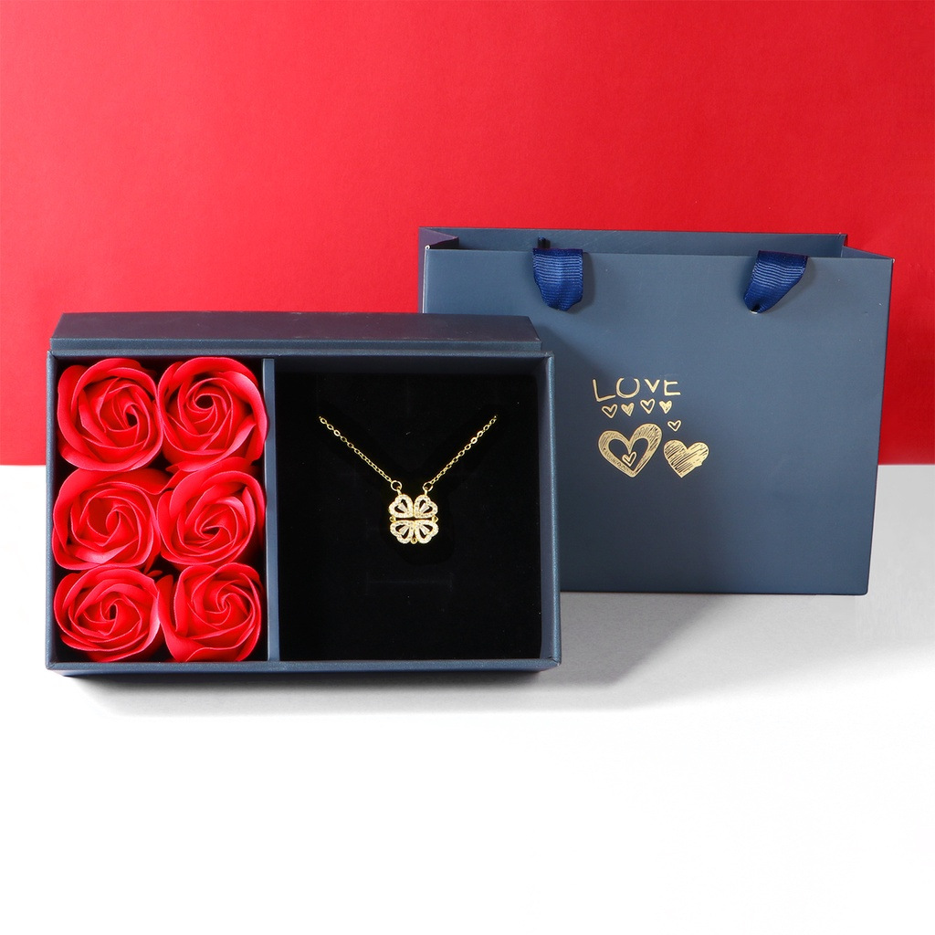 Golden Four Leaf Clover Necklace - Plated Copper with Zirconia - Adjustable 40cm Chain, Convertible Heart Pendant, Elegant Gift for sweetheart
