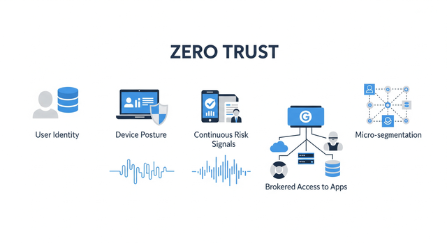 Clean flat infographic of Zero Trust network architecture: user identity, device posture, continuous risk signals, brokered access to apps, labeled components and arrows, corporate style, minimalist color palette, clear legible text spaces.