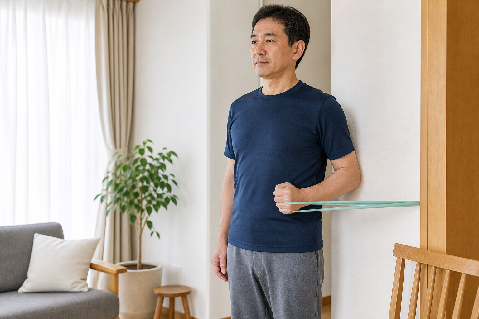 自宅で軽いバンドを使い肩の運動を行う場面