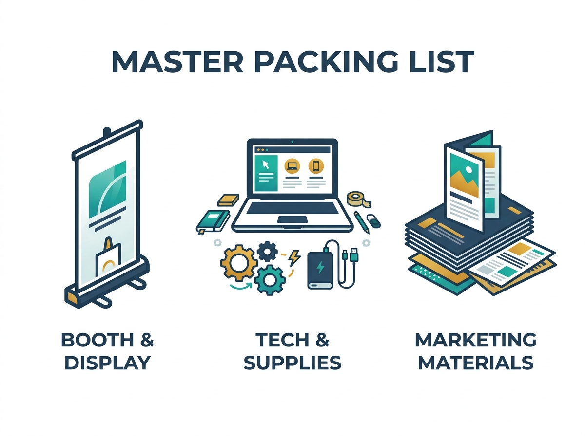 Infographic showing the three main categories for a trade show packing list: Booth & Display, Tech & Supplies, and Marketing Materials.
