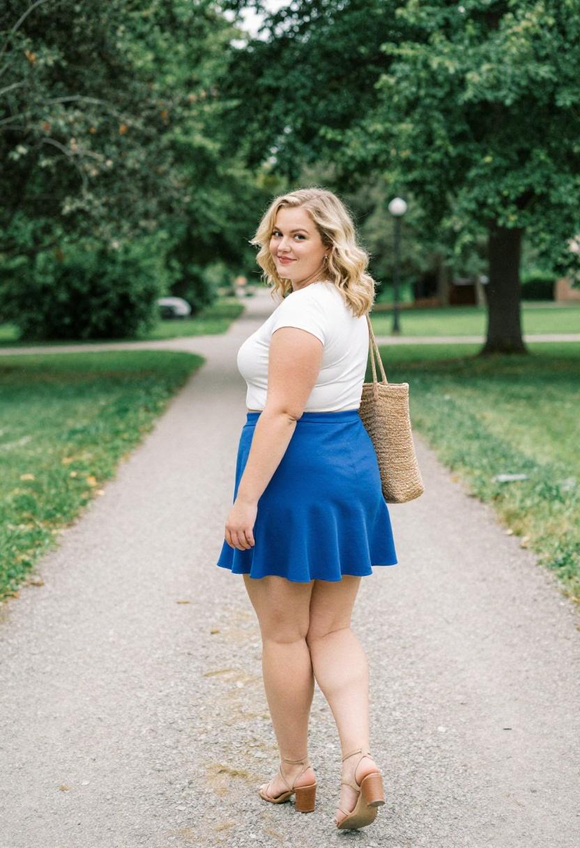 Curvy woman in playful cobalt mini skirt and cropped white top on a sunny spring stroll