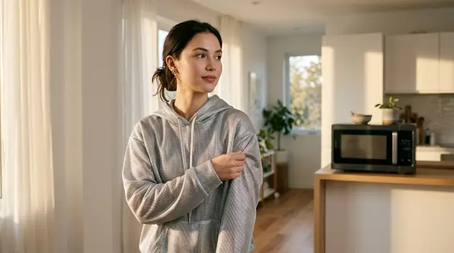 Person wearing silvery EMF-shielding fabric hoodie near microwave in bright modern kitchen